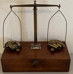 Antique Portable Pharmacy/ Apothecary Scale With Single Drawer And Brass Weights