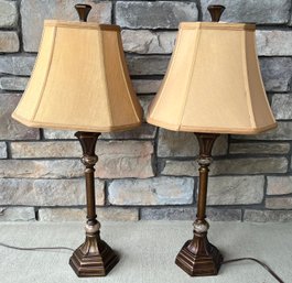 Pair Of Bronze Tone Table Lamps With Stone Bead Accents With Camel Color Material Shades