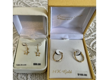2 Pairs Of 14K Gold Earrings Hoops And Small Stars With Cubic Zirconia