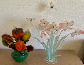 (2) Mid Century Modern Flower Sculptures 1 Glass Vase And Pom Flowers 1 Plastic Flowers