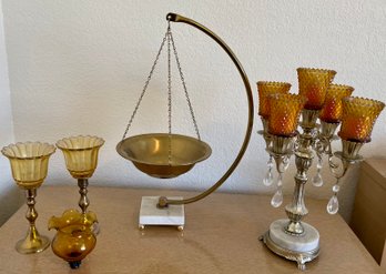 Mid Century Modern Brass And Marble Hanging Fruit Bowl, Amber Glass Candelabra, Glass Candle Holders, & Globe