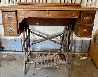 Antique Wood And Cast Iron Sewing Cabinet With Modern Sewing Machine (as Is)