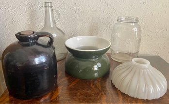 Shenango Green Pottery Spittoon, 1.5 Liter Bottle, Hazel Atlas Jar, And Stoneware Jug