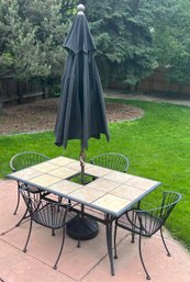 Wrought Iron Patio Set With Tile Top Table - 4 Chairs - Black Umbrella And Umbrella Stand