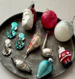 Antique Mercury Glass And Milk Glass Holiday Ornaments - Santa, Birds, Pipe, And More
