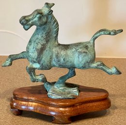 Made In Hong Kong Bronze Horse Figurine With Wood Base (as Is)