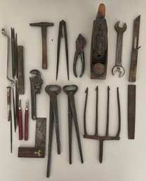 Antique Hand Tool Lot - Eagle Claw Spear Head, Pliers, Planer, Ferrier Snips, And More