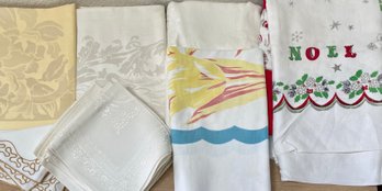 Vintage Linen Lot Including Damask Yellow And Cream Table Clothes And Napkins, Holiday Print, And More