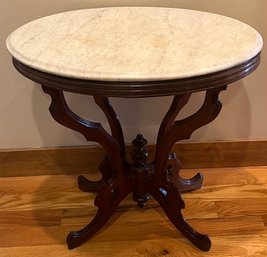 Antique Carved Mahogany White And Gray Marble Top Side Table