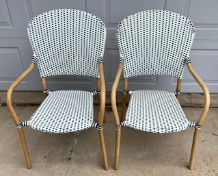 Pair Of Faux Wood Finish Aluminum Frame Patio Chairs With Woven Plastic Seats