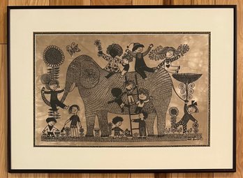 Heidi Lange Framed Children With Elephant Block Print On Material