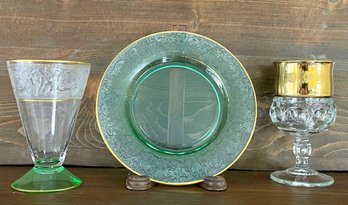 Vintage Green Depression Glass Goblet & Plate With Gold Rimmed Goblet