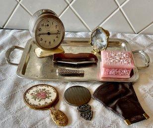 Vintage Dresser Lot - Lucero Alarm Clock, (2) Pocket Knives, Incolay Trinket Dish, (2) Antique Hand Mirrors