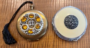 2 Vintage Powder Compacts - Evan Mesh Bottom Powder & Watch Style With Rhinestones & Faux Pearls