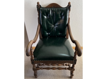 Vintage Solid Oak Captains Chair With Green Naugahyde Seat And Tufted Back Cushion With Nail Head Trim