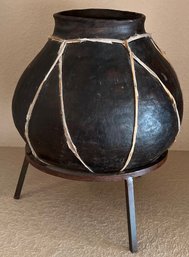 Large Raw Hide Bound Clay Pot With Cast Iron Stand