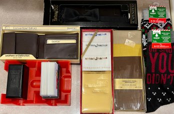 Men's Dresser Lot - Buxton NIP Leather Wallet, (2) NIP Handkerchiefs, Bow Tie, And Socks