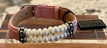 Honora Freshwater Cultured Pearl - Sterling Silver And Pink Leather Band Bracelet In Original Pouch NWT