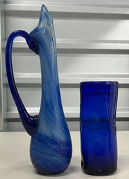 Hand Blown Cobalt Blue Crackle Glass 13' Pitcher With 7' Vase