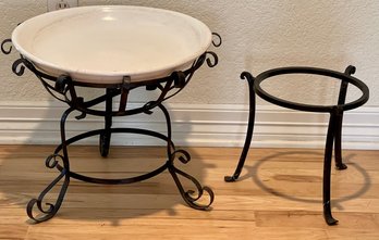 (2) Wrought Iron Plant Stands With Zanesville Ohio Stoneware Pottery Bowl