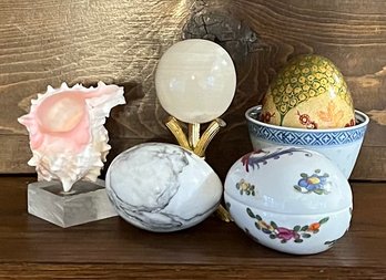 Limoges Egg Trinket Dish With Agate Sphere & Base, Carved Stone Egg, Shell With Resin Base, And More