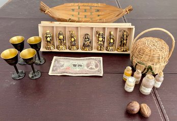 Vintage MC Set Of 7 Celluloid Japanese Lucky Gods In Original Box, Japanese Baskets, Cordials, And More