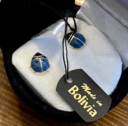 14K Gold And Blue Enamel Lady Bug Earrings In Lady Bug Velvet Box With Original Tag Made In Bolivia