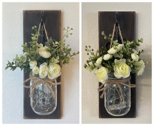 Pair Of Wood And Metal Wall Hooks With Ball Jars And Faux Flowers