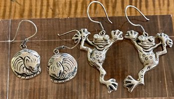 (2) Pairs Of Repousse Sterling Silver Frog & Cat Handmade Earrings - Total Weight - 17.9 Grams