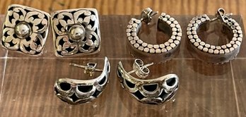 (3) Pairs Of Sterling Silver Pierced And Hoop Earrings - Total Weight 19 Grams