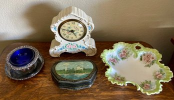 Vintage Porcelain Hand Painted Clock, Bowl, Lacquer Castle Box, Old English Dish With Cobalt Glass Liner