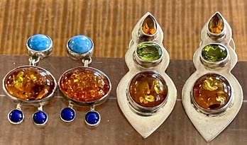 (2) Pairs Of Sterling Silver - Amber - Blue Lapis - Faceted Peridot & Citrine Earrings - Total Weight 22.3 Grm