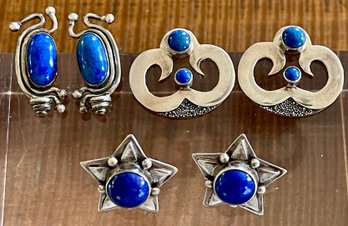 (3) Pairs Of Sterling Silver & Blue Lapis Handmade Earrings - Total Weight 26.6 Grams