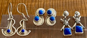 (3) Pairs Of Sterling Silver & Blue Lapis Handmade Earrings - Total Weight 18.3 Grams