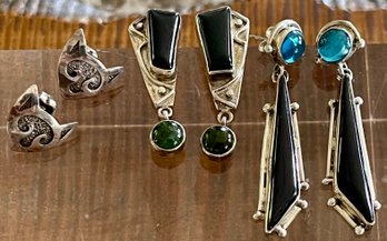 (3) Sterling Silver - Rainbow Obsidian - Black Onyx & Topaz Handmade Earrings - Total Weight 19.8 Grams