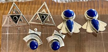 (3) Pairs Of Sterling Silver - Blue Lapis - Black Onyx Handmade Earrings - Total Weight 23.3 Grams