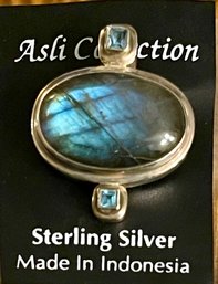Lovely Sterling Silver - Spectrolite & Blue Topaz Pin - Handmade - Total Weight - 14.5 Grams