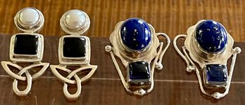 (2) Pairs Of Sterling Silver - Onyx - Iolite & Pearl Handmade Earrings - Total Weight 25.1 Grams