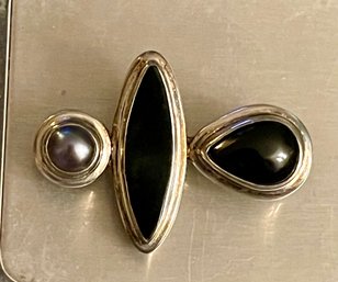 Sterling Silver Onyx & Pearl - 3 Tier Pin - Handmade - Total Weight - 18.3 Grams