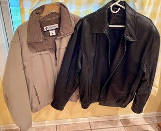 2 Mens Large Coats -  Black Leather Roundtree & Yorks & Columbia Tan Coat