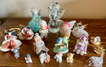 Assorted Mini Figurines - Art Glass, Japan, Wood, Angels, Snow Baby, Birds, Josef Original, And More