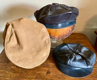 (3) Suede And Leather News Boy Caps Size Large - (1) Henschel