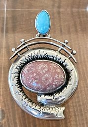 Unique Fossil Coral & Larimar Sterling Silver Pendant - Pin - Total Weight - 17.8 Grams