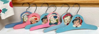 6 Vintage Wood Painted Doll Clothes Hangers.