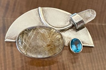 Rutilated Quartz - Blue Topaz And Sterling Silver Pin - Handmade - Total Weight - 21.4 Grams