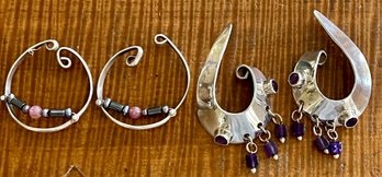 (2) Pairs Of Sterling Silver Handmade Cuff Earrings With Faceted Amethyst & Beads - Total Weight 31.3 Grams