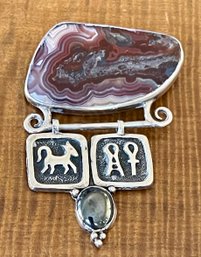 Sterling Silver - Crazy Lace Agate - Hematite Repousse Egyptian Motif Pin - Total Weight 23.7 Grams