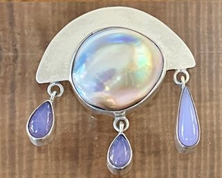 Gorgeous Sterling Silver - Blister Pearl & Chalcedony Pin - Handmade - Total Weight - 18.8 Grams