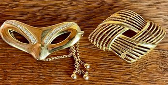 (2) Vintage Monet Gold Tone Pins - Mask With Rhinestones & Woven