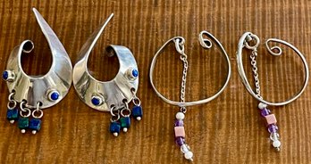 (2) Pairs Of Sterling Silver Handmade Cuff Earrings (1) Lapis & Azurite & One Dangle Beads - 31 Grams